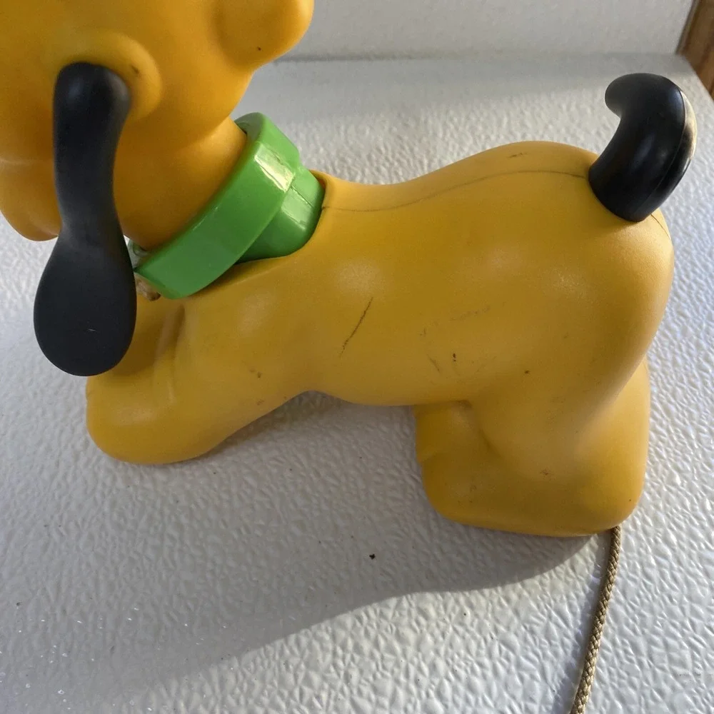 Vintage Disney Pluto Pull Toy Yellow Plastic Rolling Dog Mickey Mouse Friends
